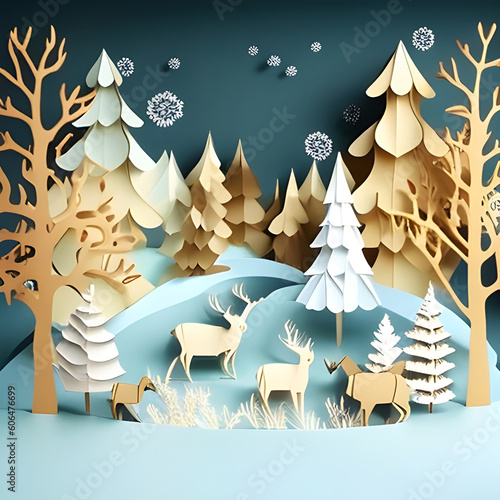 paper art landscape of Christmas and new year with tree and reindeer