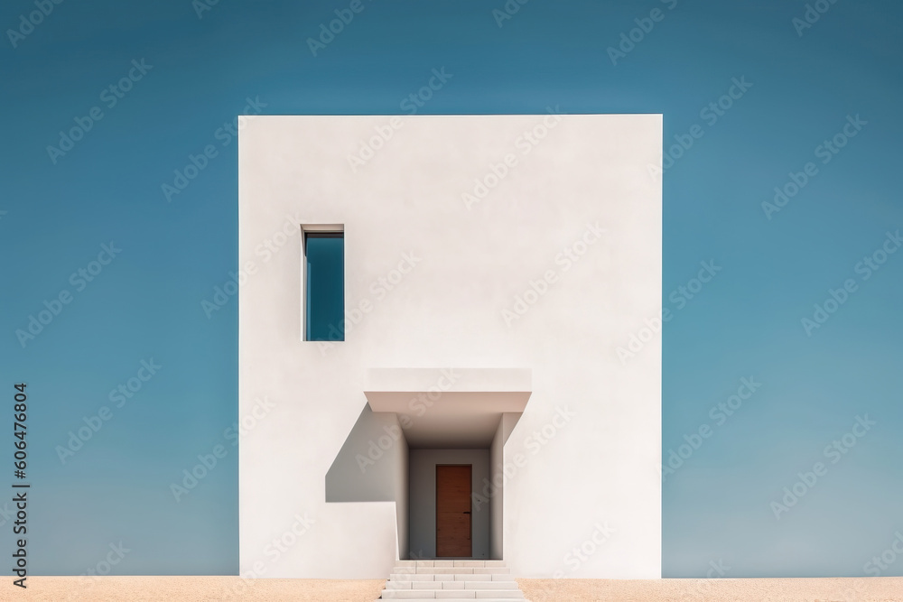 Generative AI image of minimalistic house with wooden door entrance white walls steps and glass window located in sunlight against blue cloudless sky Generative AI image of minimalistic house with wooden door entrance white walls steps and glass window located in sunlight against blue cloudless sky