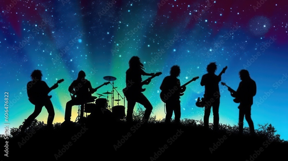 Silhouette of rock band playing, music under the night starry night
