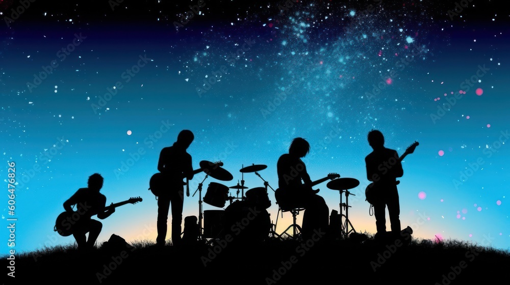 Silhouette of rock band playing, music under the night starry night Silhouette of rock band playing, music under the night starry night