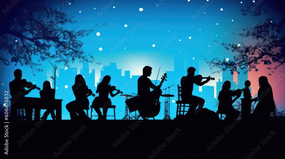 Silhouette of rock band playing, music under the night starry night Silhouette of rock band playing, music under the night starry night
