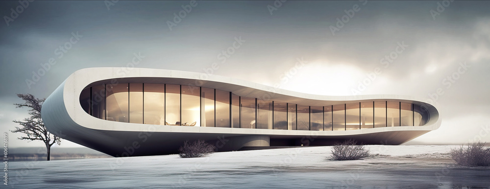 Generative AI illustration of futuristic oval shaped sleek modern floating building over sandy beach with water against dark cloudy sky Generative AI illustration of futuristic oval shaped sleek modern floating building over sandy beach with water against dark cloudy sky