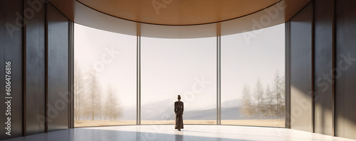 Generative AI image of back view of unrecognizable female near curved glass walls of contemporary empty spacious room looking away at landscape