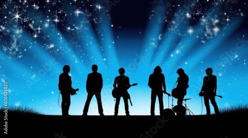 Silhouette of rock band playing, music under the night starry night