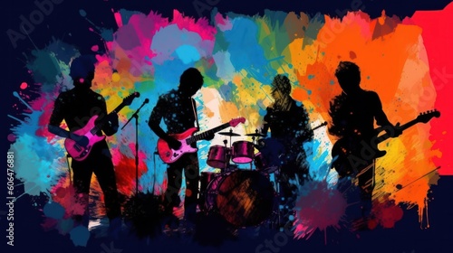 Silhouette of rock band playing their instruments, neon lights theme