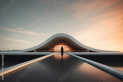 Generative AI image of modern wavy roof building with bridge over water with back view of unrecognizable female walking in evening against sky photo