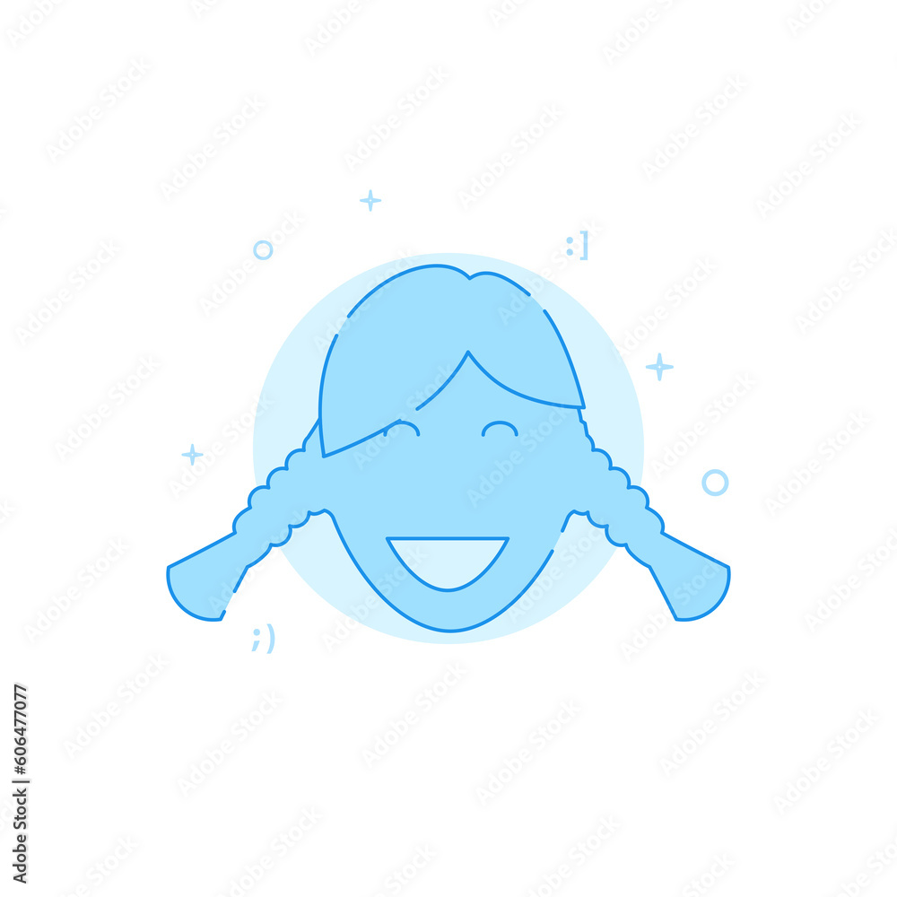 Fototapeta premium Happy smiling girl with pigtails flat vector icon. Filled line style. Blue monochrome design. Editable stroke