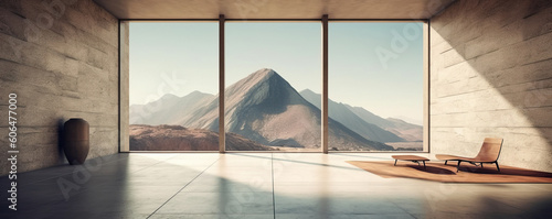 Generative AI illustration of futuristic interior of modern minimalistic apartment with landscape glass windows looking at mountain
