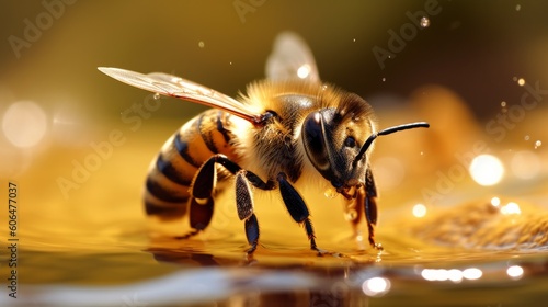 Bee on a water honeybee macro photo. AI generative.