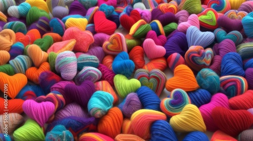 Colorful knitted hearts made of wool. AI generative.
