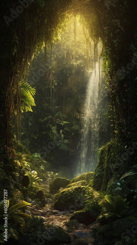 Phone wallpaper of a hidden tropical waterfall. Generative AI