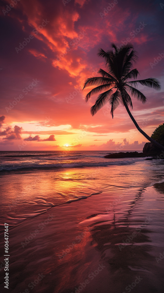 Phone wallpaper sunset over a tropical beach. Generative AI