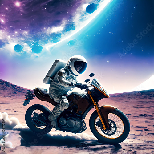 biker on the motorcycle. Man in space with a bike. photo