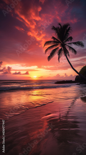 Phone wallpaper sunset over a tropical beach. Generative AI