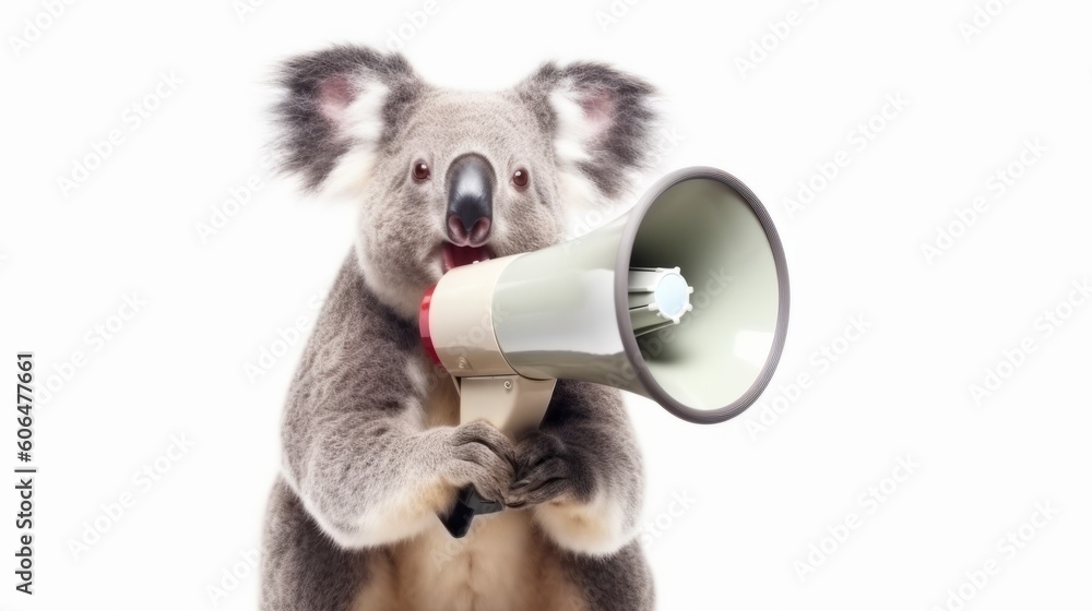 Fototapeta premium Koala says something through a megaphone. AI generative.