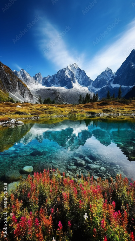 Obraz premium Phone wallpaper mountain landscape with snow-capped peaks. Generative AI