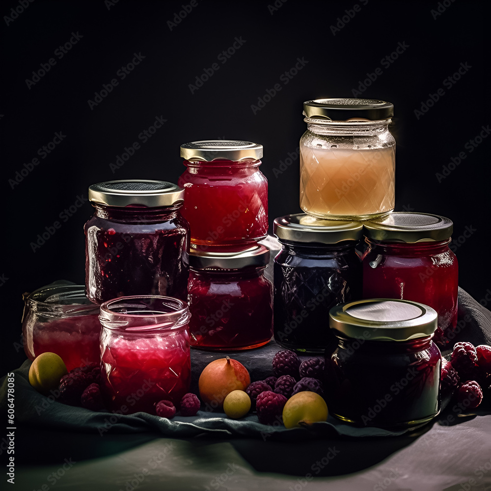 Jars of jam. Illustration. Ai generation. Jars of jam. Illustration. Ai generation.