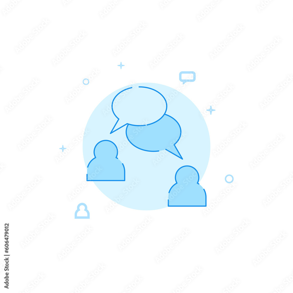 Two users talking flat vector icon. Filled line style. Blue monochrome design. Editable stroke Two users talking flat vector icon. Filled line style. Blue monochrome design. Editable stroke