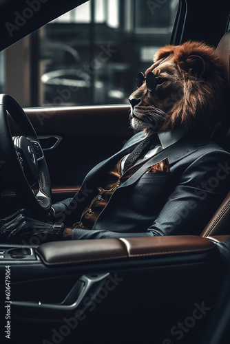 Lion Businessman  in luxury car. Generative AI