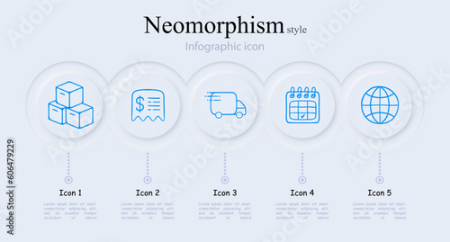 Set of international delivery icons. Parcel, package, globe, transportation, shipping. Logistics cocnept. Neomorphism style. Vector line icon for Business