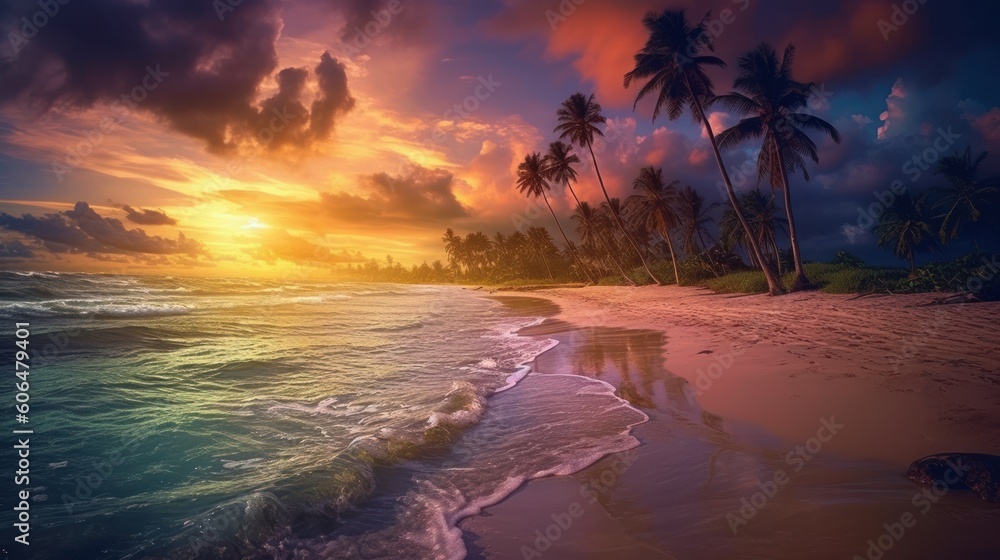 beach landscape with cinematic sunset