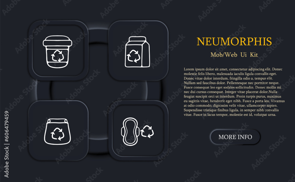 Set of recycling icons. Environmental icons, waste management symbols, recycling bins. Eco-friendly concepts. Neomorphism style. Vector line icon for Business Set of recycling icons. Environmental icons, waste management symbols, recycling bins. Eco-friendly concepts. Neomorphism style. Vector line icon for Business