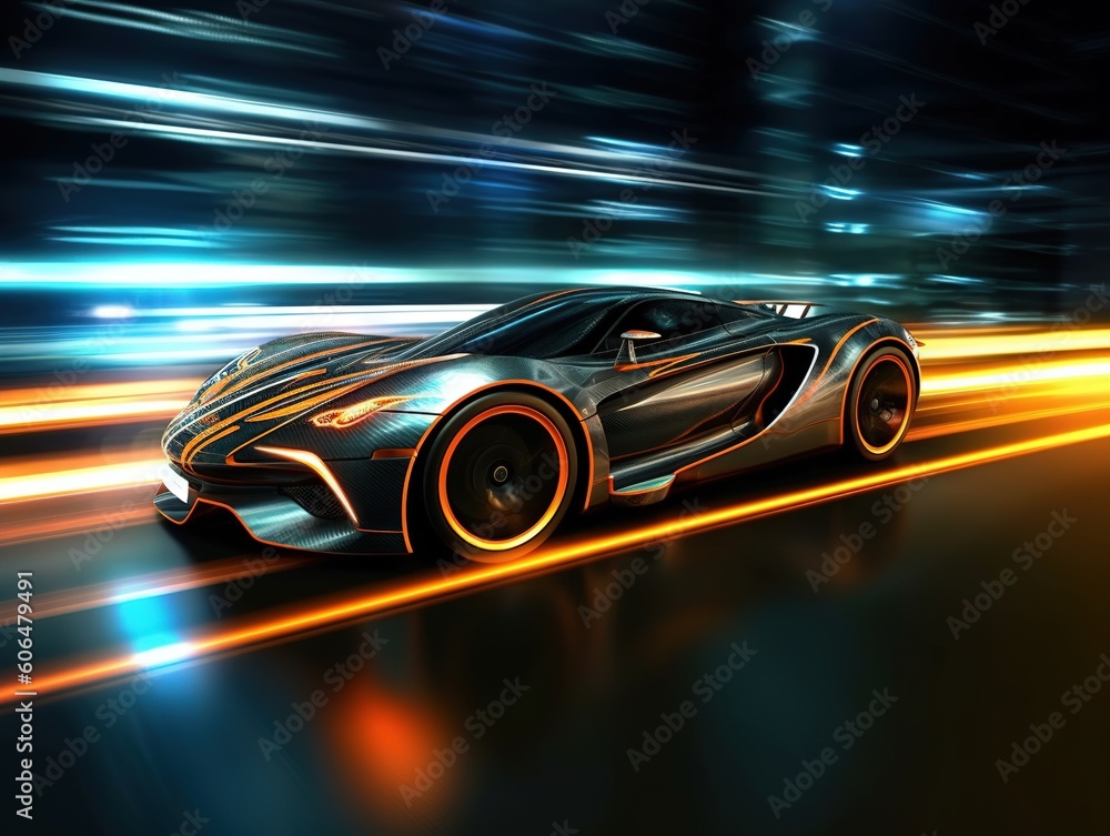 futuristic racing car at night, in the style of graffiti-inspired illustrations