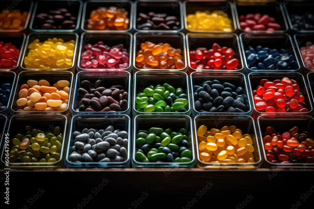 An assortment of different colored chewy candies in square trays. Sweet Candy market, top view of the counter. Sweet banner. Generative AI professional photo imitation.