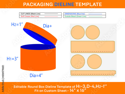 Cheap hat box, round lid box dieline template with the dimension H1 3, D 4, H2 1 inch