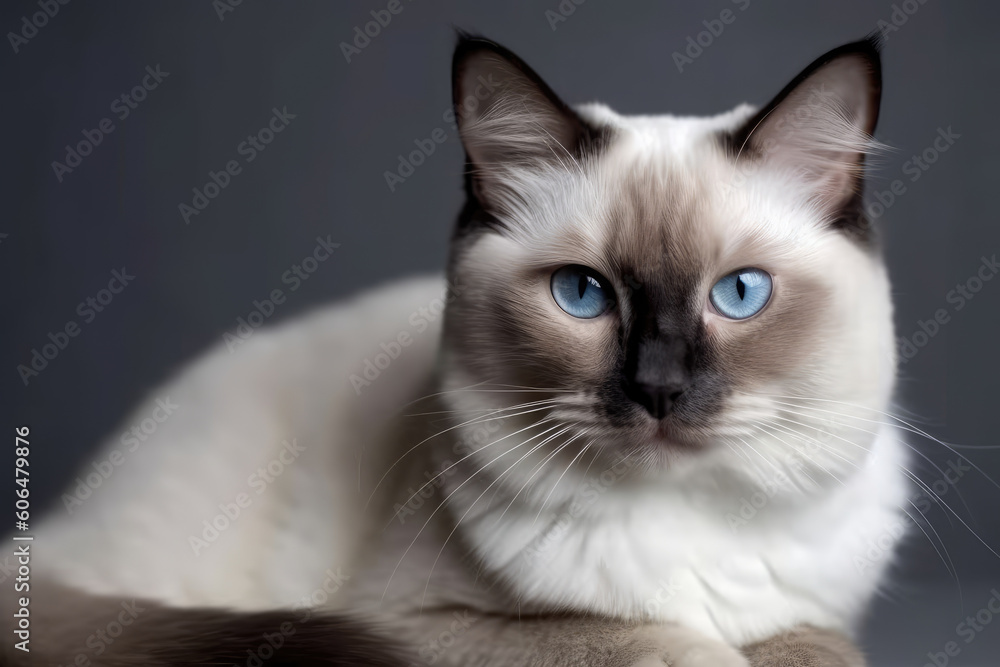 Cute colourpoint persian cat is sitting, isolated on dark background. Ai generated