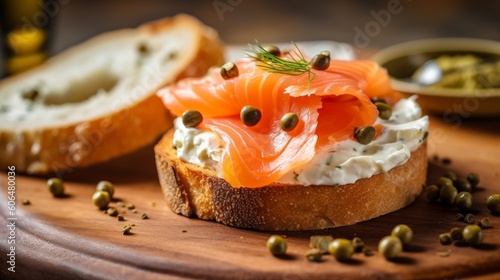 bagel with cream cheese, smoked salmon, and capers on top