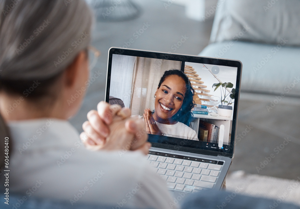 Woman, laptop and video call for virtual meeting, webinar or consulting in remote work at home. Female person or consultant talking on computer in seminar for networking, therapy and communication