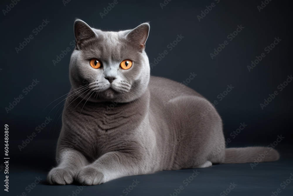Grey purebred british shorthair cat with orange eyes lying down. AI generated