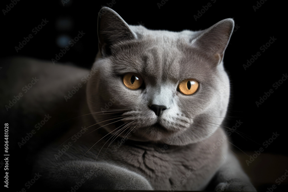 Grey purebred british shorthair cat with orange eyes lying down. AI generated