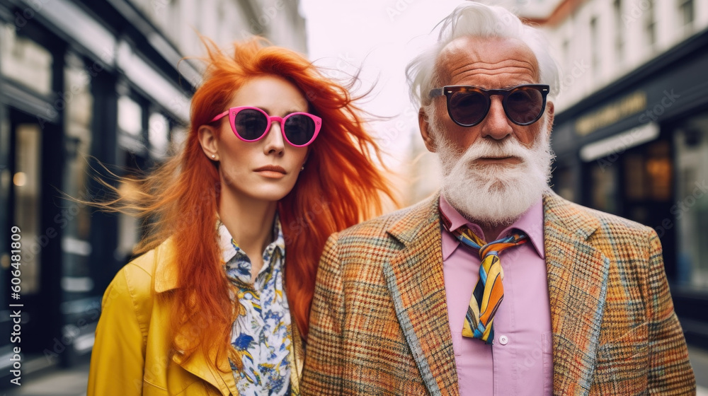Portrait of a stylish elderly man with his young girlfriend created with generative AI technology Portrait of a stylish elderly man with his young girlfriend created with generative AI technology