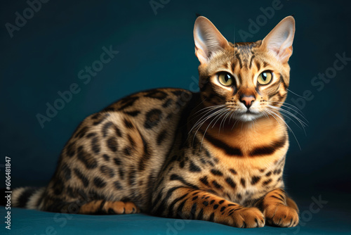 Playful Gold Bengal Cat Lying and Looking Curious in Camera. Ai generated © zamuruev