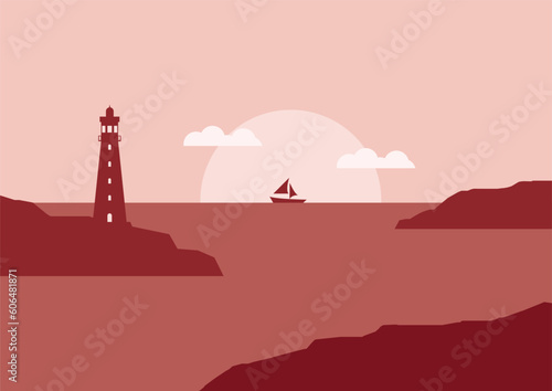 view of the lighthouse on the seashore with sunset or sunrise flat design vector illustration