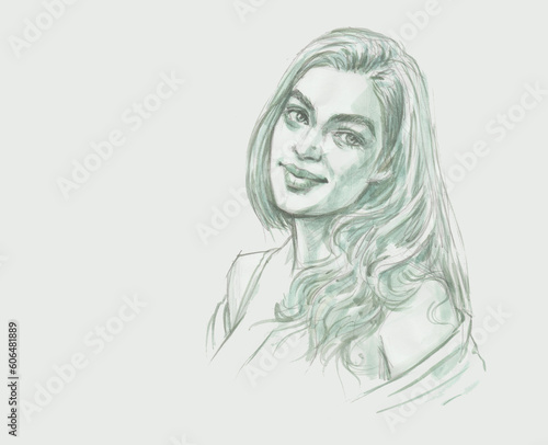 portrait of a long hair girl pencil drawing for card illustration decoration