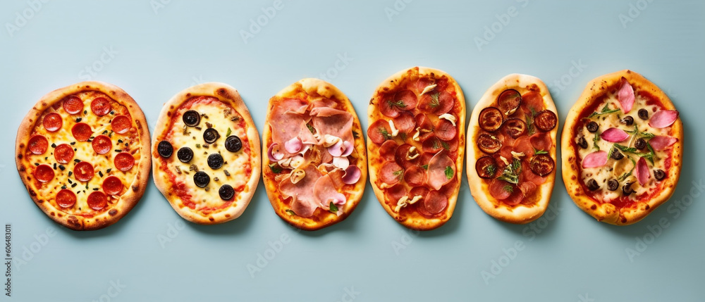 Assortment of pizza on pastel background