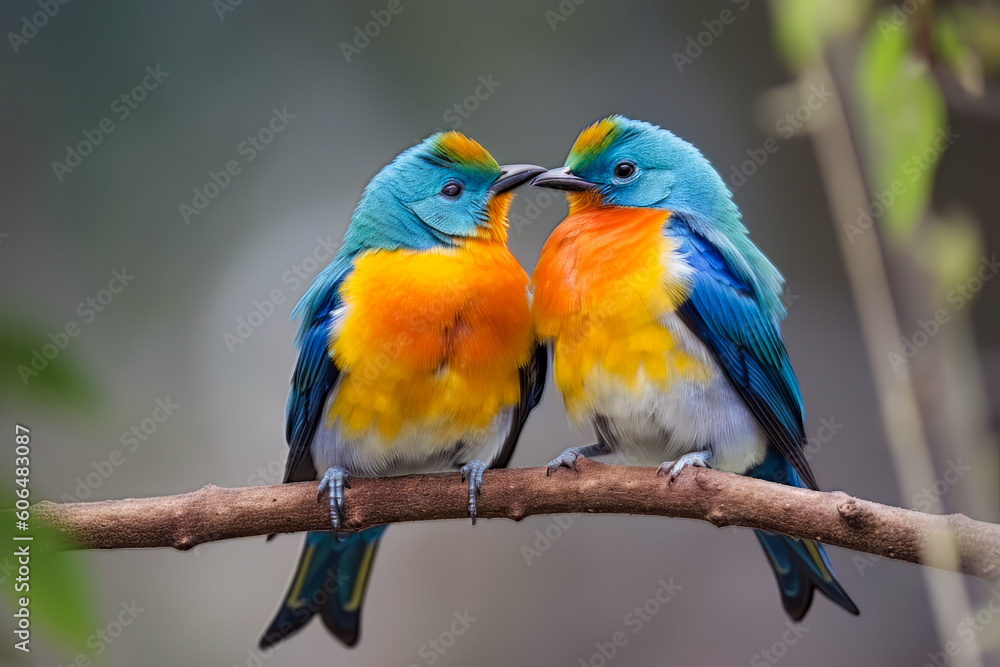Spring colored birds flirting, Generative ai