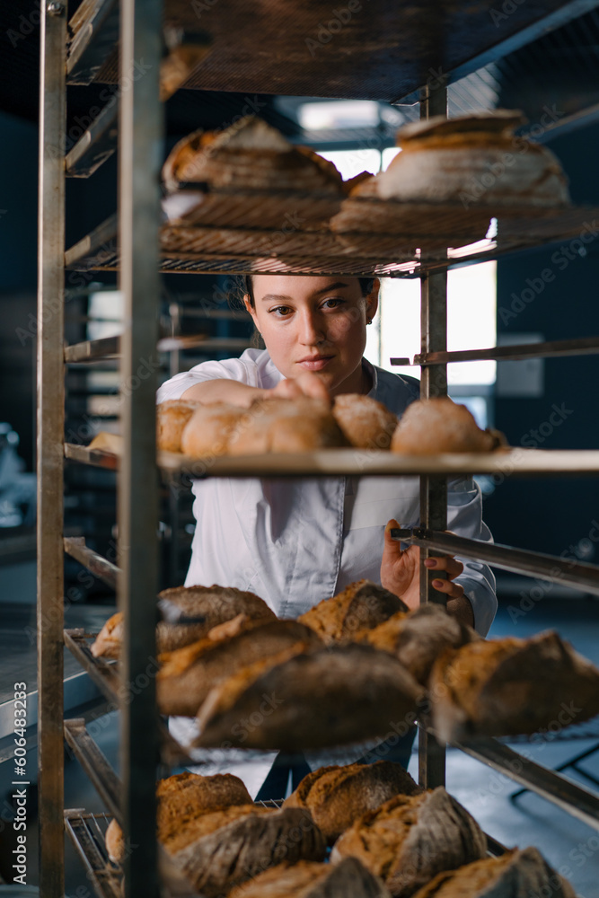 attractive female baker between shelves looking and checking freshly baked bread very carefully in bakery industry