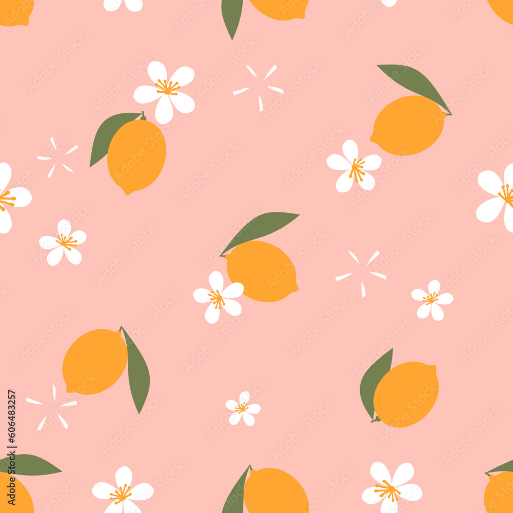 Seamless pattern of lemon with green leaves and white flower on pink background vector illustration. Cute fruit print.