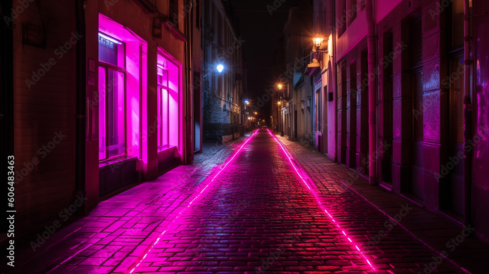 night street in the city, neon light street lane in viva magenta color, generative ai