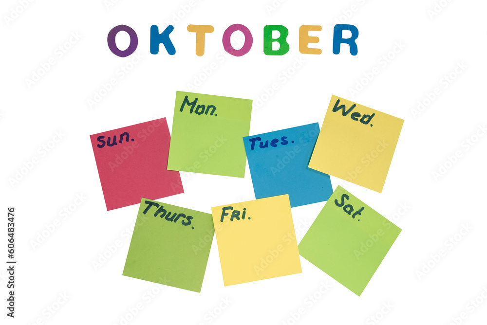 Plan tygodnia na miesiąc październik, na kolorowych samoprzylepnych kartkach na ścianie. Puste kartki bez tła. - obrazy, fototapety, plakaty 