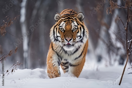 Siberian tiger running in snow  Generative ai