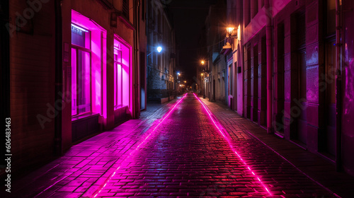 night street in the city, neon light street lane in viva magenta color, generative ai