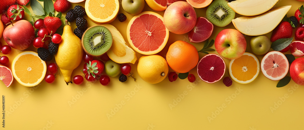 Assortment of fruits on yellow pastel with copy space Assortment of fruits on yellow pastel with copy space