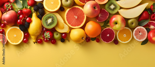 Assortment of fruits on yellow pastel with copy space 