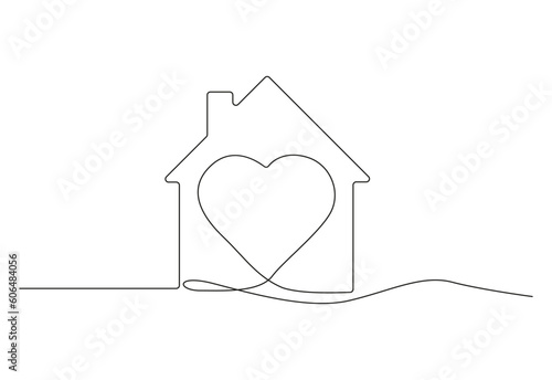 Continuous thin line home vector illustration, minimalist house icon. One line art cottage building.