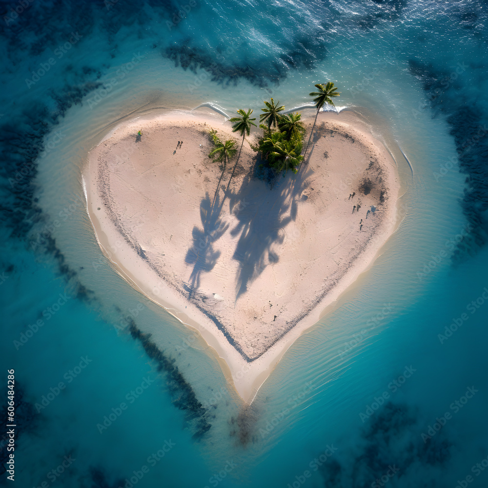 Aerial view of a tropical island with palm trees and a heart shaped beach. Generative AI